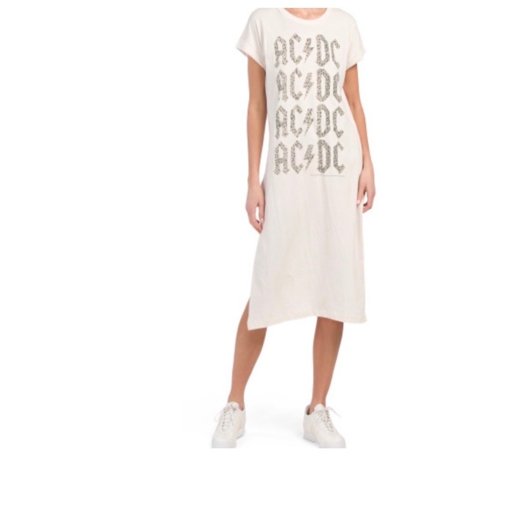 Chaser AC/DC Leopard Graphic T-Shirt Dress Cream Midi Small